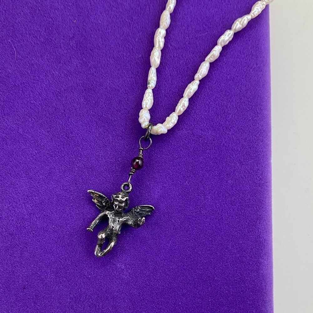 💛 Vintage Sterling Silver Cherub Pendant Necklace with Pearls